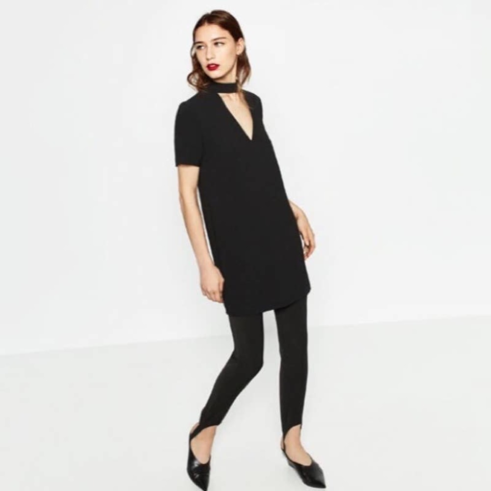 ZARA Plunge Choker Shift Dress Medium Black V-Neck Short Sleeve Back Zip #7289 - Picture 3 of 16